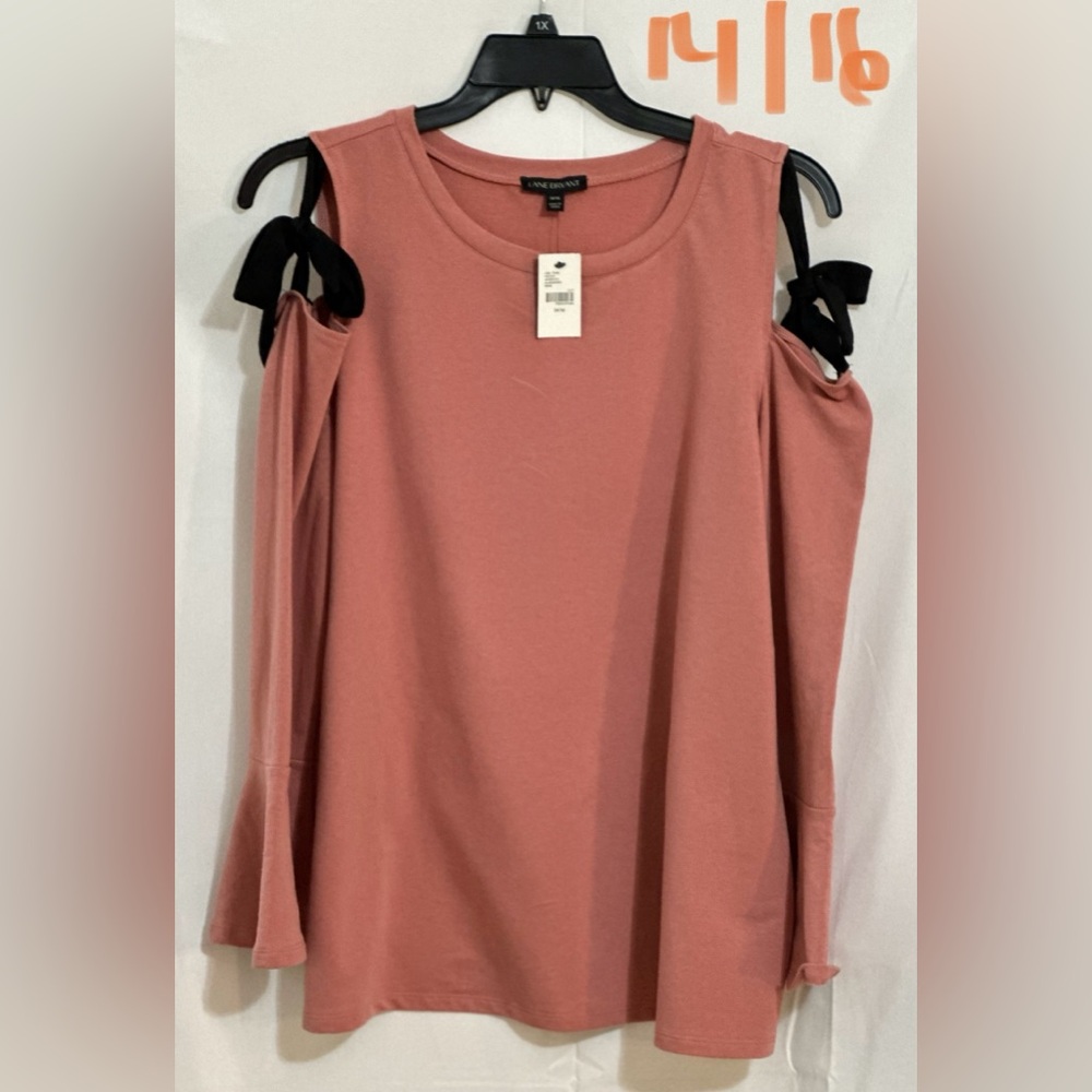 Lane Bryant Women's Blush Cold Shoulder Top with Black Bow Accents